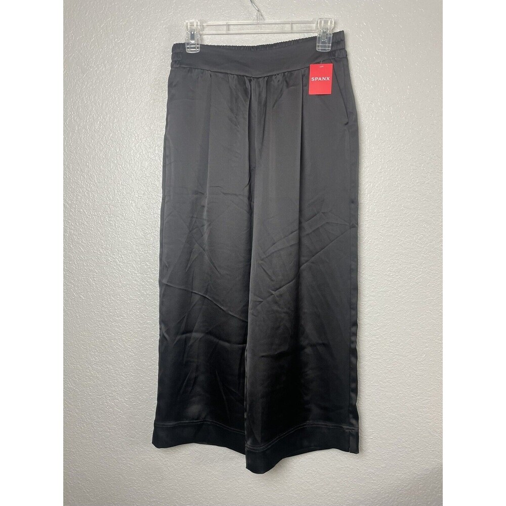 SPANX $128 Solid Black Satin Pull On Wide Leg Cropped Pants Midi Size Sm…